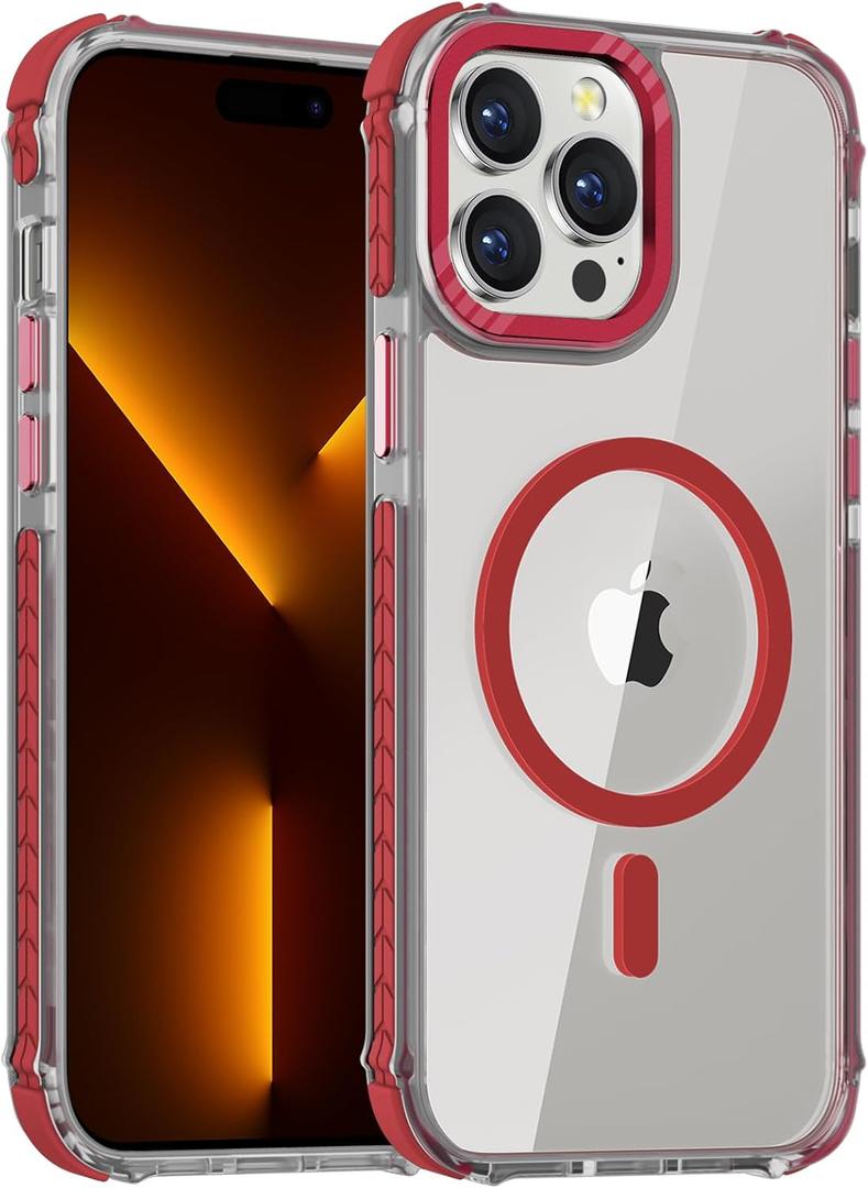 DEERLAMN Strong Magnetic Case for iPhone 13 Pro Max 6.7-Inch,[Compatible with Magsafe][Military Grade Drop Protection] Clear Slim Shockproof Protective Phone Cover-Transparent+Red