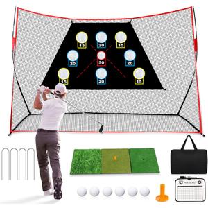 Professional Golf Net, 10x7Ft Golf Practice Hitting Net with Scoring Target Cloth, Tri-Turf Mat, Balls, Tee, Carring Bag, Scorecard, Portable Hitting Nets for Backyard Traning Chipping Indoor Outdoor
