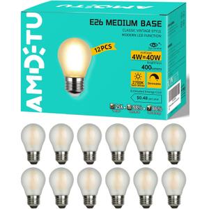 AMDTU Vintage LED Edison Short Small Light Bulb 40W Dimmable E26 Globe 2700K Soft white Frosted 40 Watt Warm Standard Medium Base G45 Bulbs Ideal for Ceiling Fan, Vanity Light,Table Lamp Create Cozy Ambiance, 6 Pcs
