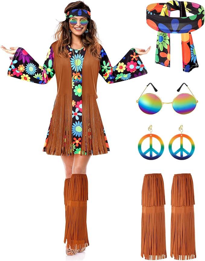 SATINIOR Halloween Hippie Costume Set Women 60s 70s Disco Outfits Party Dress Accessories for Adult, Large