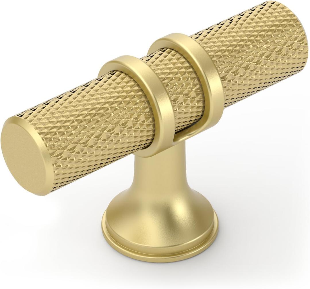 Amerdeco 10 Pack Brushed Gold Cabinet Knobs 2 Inch Length Single Hole T Bar Kitchen Cabinet Knob Knurled Cabinet Pulls for Drawer Cupboard