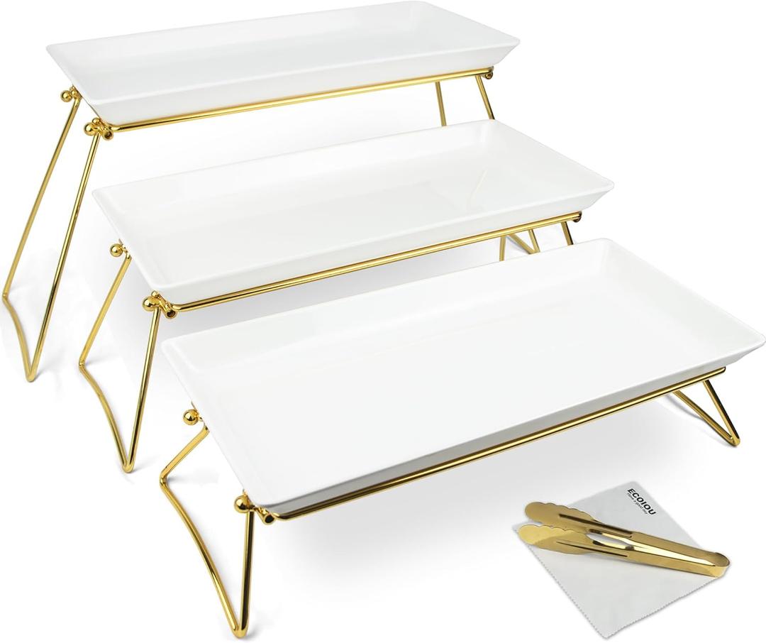 Extra Large 3 Tier Serving Tray, 24 x22 x 9.8 Inch Melamine Tiered Tray Stand and Platters for Party Buffet Entertaining, White and Gold