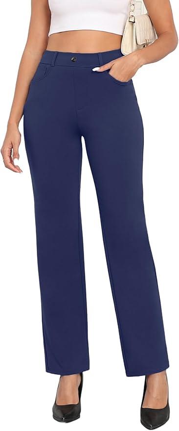 High Waisted Dress Pants Petite/Regular/Tall Stretchy Straight Leg Office Work Slacks, Large
