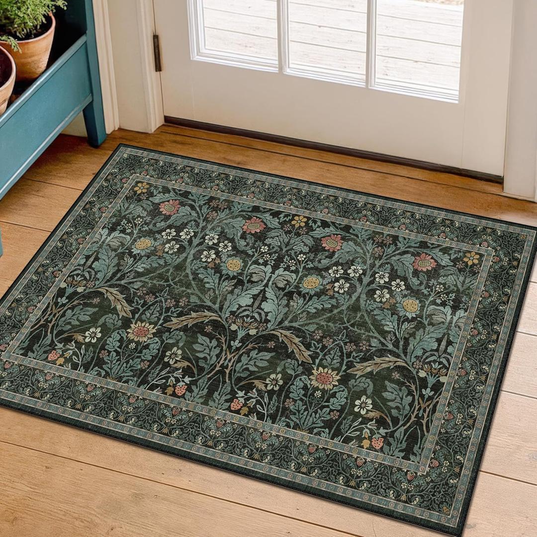 Washable Entry Rug 2x3 Non Slip, Vintage Small Throw Rugs for Bathroom, Entry Way, Kitchen, Front Door Mat Indoor Entrance, Bedroom, Ultra Soft Low Pile Stain Resistant (Dark Green)