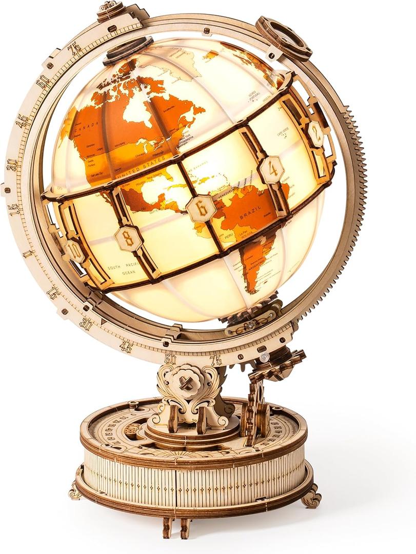 ROBOTIME 3D Wooden Puzzle for Adults Luminous Globe ST003  Wooden 3D Puzzles for Adults with LED Light  Globe Model Building Kit for Teens & Adults