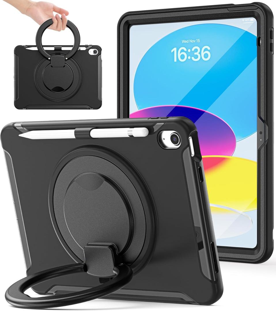 BATYUE Shockproof Case for iPad 10th Gen 10.9" 2022 / 11th Gen (A16) 11" 2025 | 360° Multi-Angle Stand (Portrait & Landscape) & Grip, Built-in Screen Protector, Pencil Holder, Black