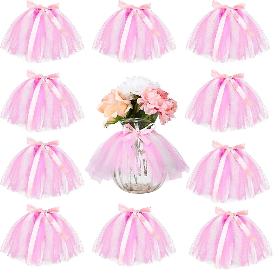 Tatuo 12 Pieces Mini Tutu Table Skirt Wine Bottle Cover Tutu Skirt Tulle Vase Skirt Decor Garland Centerpieces for Wedding Baby Shower Cake Dessert Birthday Party (Pink and White)