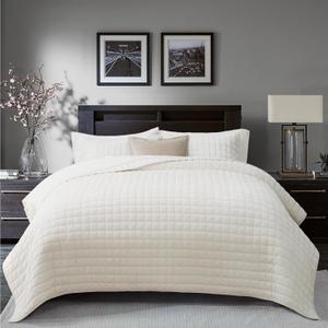 RECYCO Luxury Velvet Quilt Set King Size, Lightweight Velvet Comforter Set, Oversized Bedspread Coverlet Quilted Bedding for All Season, Cream White, King/Cal King