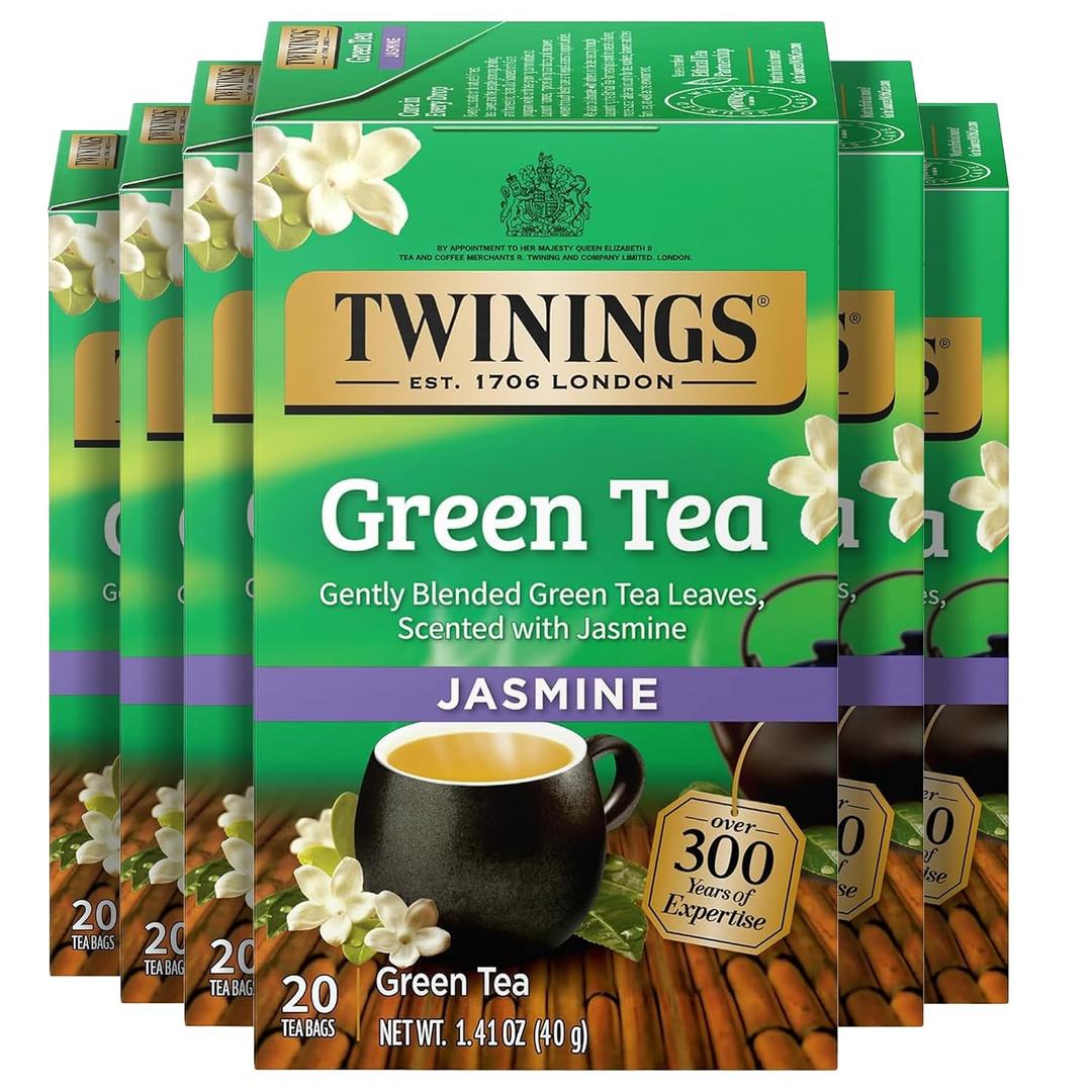 Twinings Green Tea with Jasmine Individually Wrapped Bags, 20 Count (Pack of 6), Fragrant Floral Scent, Caffeinated, Enjoy Hot or Iced, 120 Teabags (EXP 02/10/27)