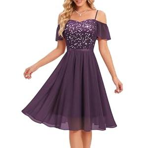 MUADRESS Bridesmaid Wedding Guest Dress Off-The-Shoulder Sparkly Lace Cocktail Prom Party Dresses for Teens Grape, L