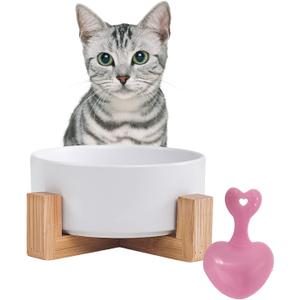 Ceramic Dog Cat Bowl with Wood Stand,Cat Food & Water Bowls Elevated Non-Spill Modern Cute Kitty Dishes Heavy Weighted Round Pet Dishes Set for Kitten Small Cat(White)
