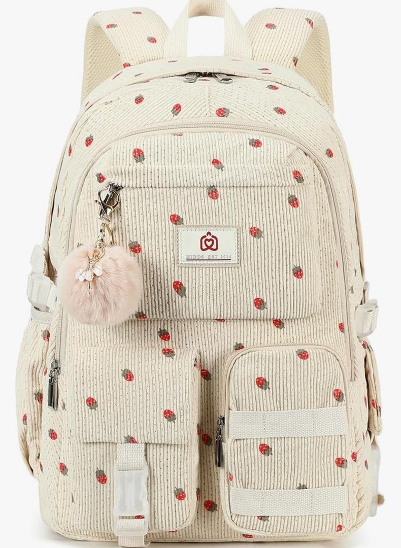 Hidds School Backpack for Teens Girls Women 15.6 Inch Laptop College Backpacks Corduroy Work Bag Kids Elementary Middle High Campus Bookbag Students Pack Travel Daypack Womens - Beige Strawberries