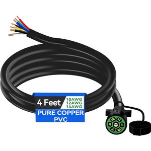 4 FT 7 Pin Trailer Plug Heavy Duty Trailer Wire Extension Pure Copper 7 Wire Trailer Wiring Harness Kit with Dust Cover 7 Way Trailer Plug Cord for RVs Trailers Campers