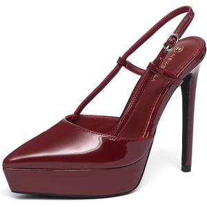 NEWBELLA Women's Patent Leather Platform Pumps Stiletto Heels Slingback Sandals with Ankle Strap-Pointed Toe High Heels