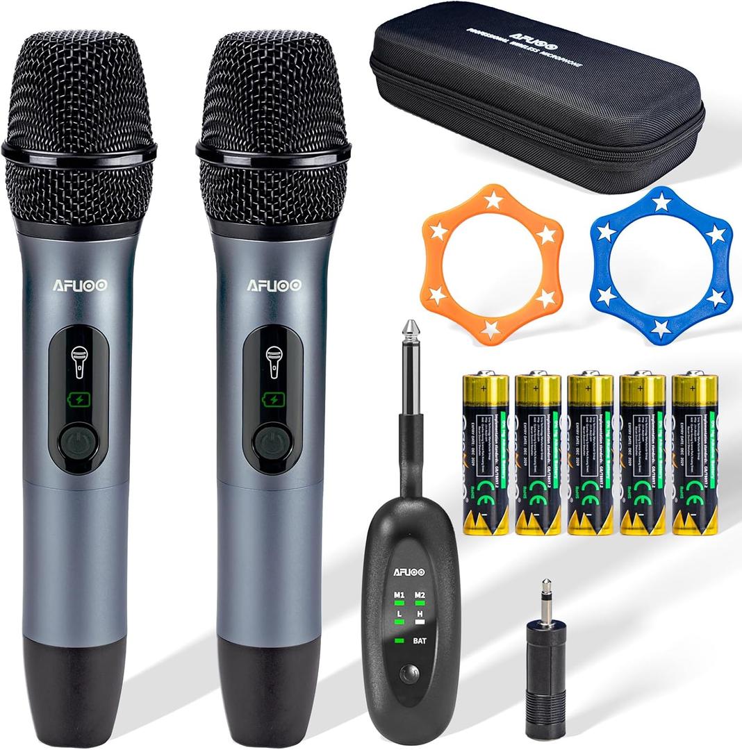 Wireless Microphone Set for Singing, Speech & Karaoke, 2.4GHz Dual-Mic Receiver, 200ft, Storage Bag Included, Metal Cordless Mic 2 Pack for Karaoke Machines, PA Systems, PartyBox, Gray-Blue