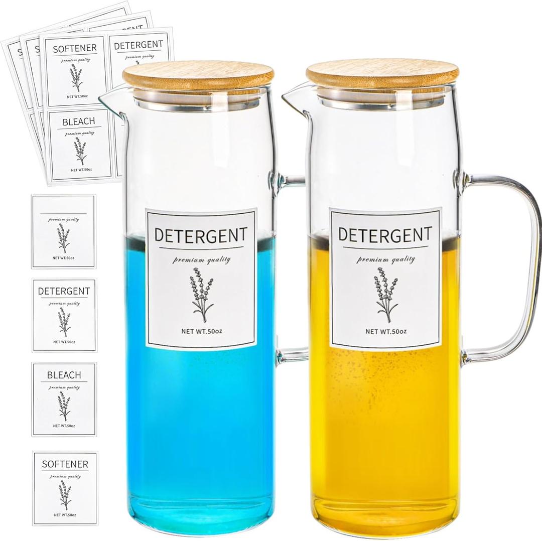 2 Pack Laundry Detergent Dispenser Set, 50oz Fabric Softener Storage Bottle with Bamboo Lid Handle&12 Labels, Glass Liquid Detergent Container for Farmhouse Laundry Room Decor Organization