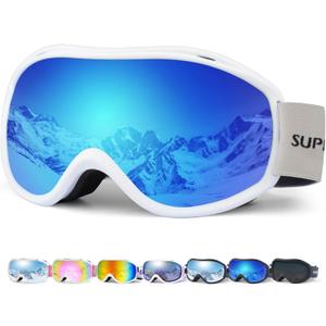 Supertrip Ski Goggles Men Women Anti-Fog Snow Goggles UV Protection Snowboard Goggles for Adult Youth (White Frame/Blue Lens(vlt 12%))