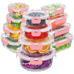 BAYZZ 24 Piece Glass Food Storage Containers with Lids, Airtight Glass Meal Prep Containers for Kitchen, BPA-Free Lunch Box, Microwave and Freezer Safe,Pink