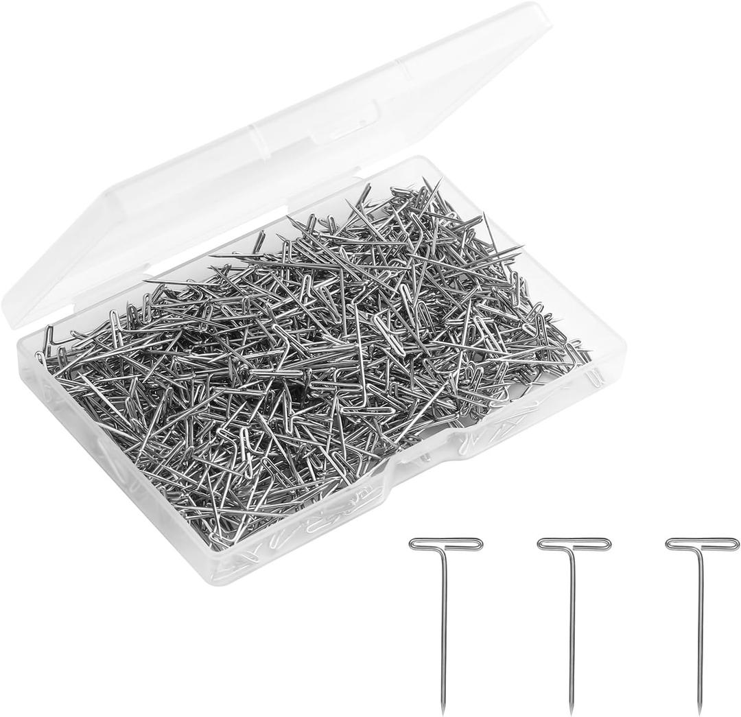 1000pcs Wig T Pins, 1 Inch Silver Sewing Pins Metal T Needle for Blocking Board Knitting Crochet Jewelry Wig Making Picture Hanging DIY Crafts Supplies