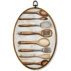 Hiuwevt Vintage Rustic Kitchen Utensil Oval Wall Art Decor, Cooking Tools Country Hanging Framed Canvas Prints, Cottagecore Round Wall Hanging Decor for Bedroom Home Decorations, 8.6x11.4 Inches