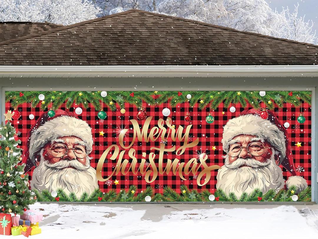 6x16FT Santa Claus Christmas Garage Door Banner Decor, Red and White, 72inx192in