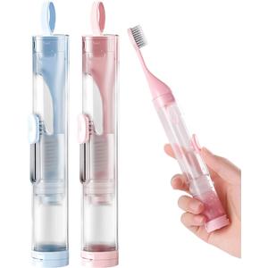 2 Pcs Travel Toothbrush Kit Fold Built-in Toothbrushes Set, Soft Bristles for Travel Camping School Business Trip Essential (Blue, Pink)