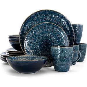 Elama Deepsea Mozaic 16 Piece Round Stoneware Dinnerware Set in Sea Blue