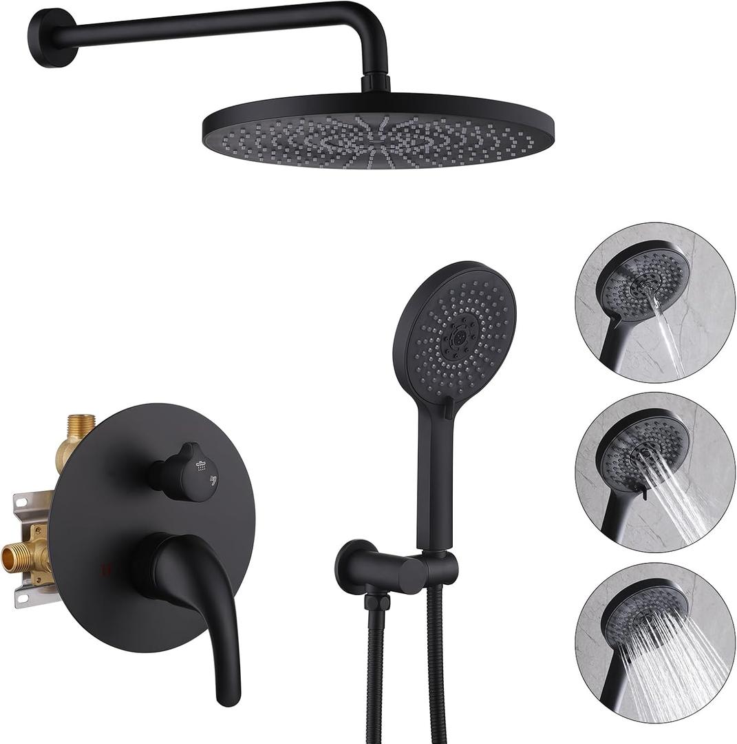12 Inch Rain Shower Head with Handheld Spray, 2-Function High Pressure Shower System, Wall Mounted Rainfall Shower Head with 3 Modes Handheld Shower, Brass Rough-in Valve Included, Matte Black