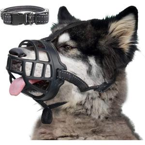 BARKLESS Dog Muzzle, Soft Silicone Basket Muzzle for Dogs, Allows Panting and Drinking, Prevents Unwanted Barking Biting and Chewing, Included Collar and Training Guide (4 (Snout: 10"-12"), Black)