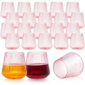 24 Pack Pink Plastic Wine Cups, 14oz Disposable Stemless Ribbed Wine Glasses, Cute Clear Unbreakable Outdoor Cocktail Glasses, Heavy Duty Reusable Plastic Drinking Cup for Party Wedding Mimosa Bar