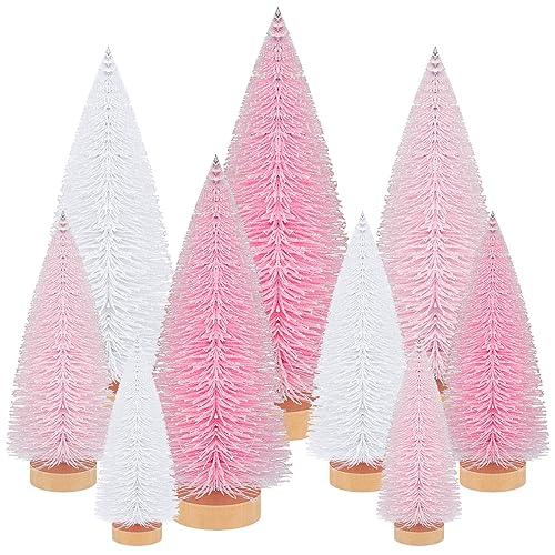 Leyndo 9 Pcs Pink Classic Artificial Mini Christmas Tree Sisal Bottle Brush Trees with Wood Base Christmas Pine Trees for Autumn Winter Holiday Home Kitchen Party Decor