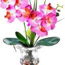 Jusdreen Artificial Purple Orchid Centerpiece, 14.5 Inch Phalaenopsis in Glass Vase with Potting for Home Office Table Decor, Realistic Orchid Arrangement