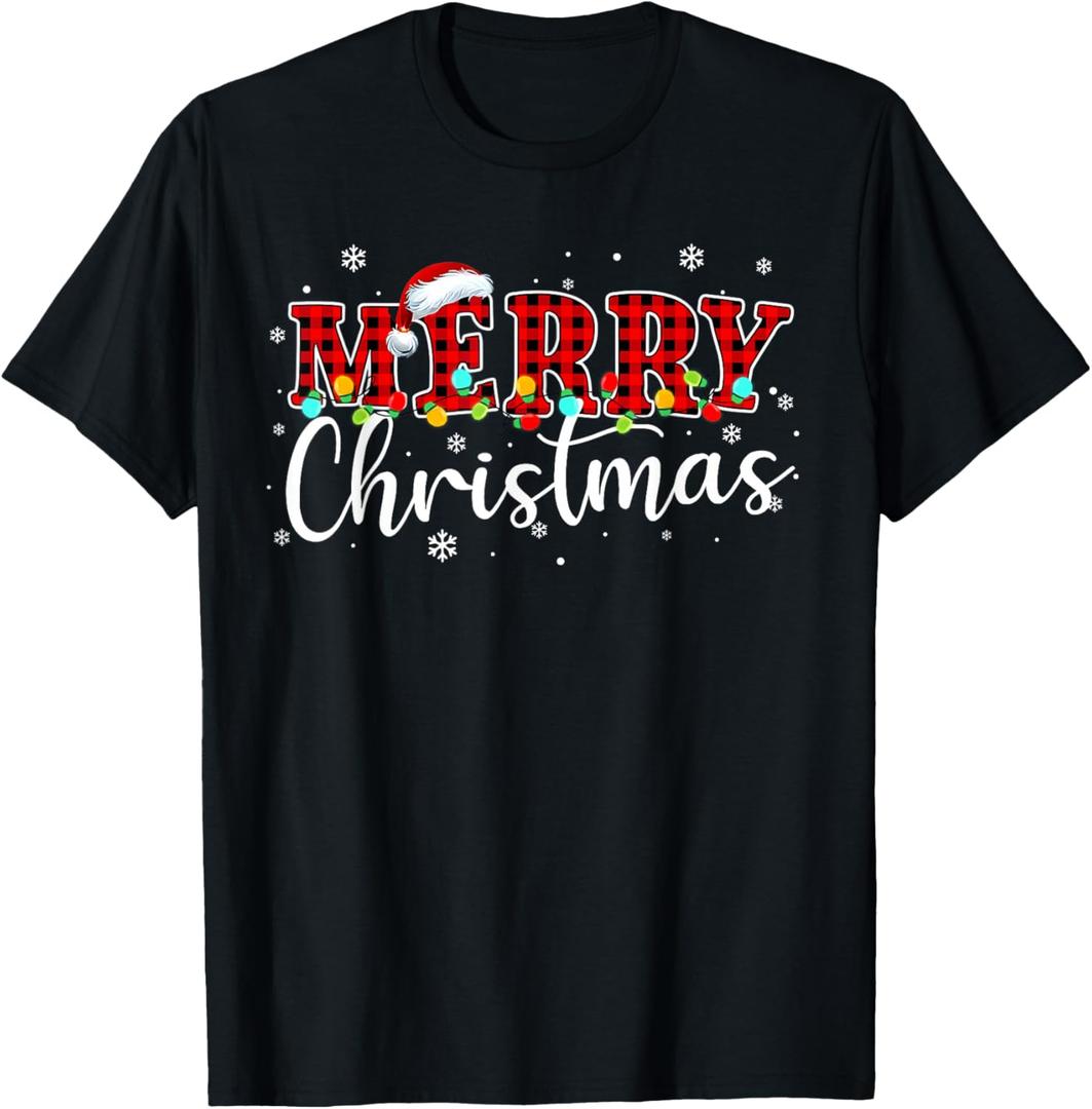 Merry Christmas Buffalo Plaid Red Santa Family Xmas Pajamas T-Shirt, Small