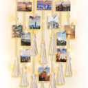 Mkono Hanging Photo Display Boho Macrame Wall Decor with Light, Teen Girl Teenage Gifts, Pictures Cards Frame Holder Art Hanger for Christmas Birthday Party Bedroom Dorm, with 30 Wood Clips, Ivory