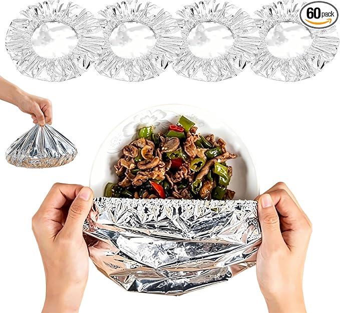 60 Pcs Reusable Aluminum Foil Food Covers, Insulated Elastic Lid for Bowls Plates, Heat Resistant up to 110℉ for Kitchen Picnic Home Leftovers