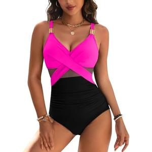 Blooming Jelly Womens One Piece Swimsuit Metal Modest Tummy Control Bathing Suit Slimming Full Coverage Mesh Swim Suits L