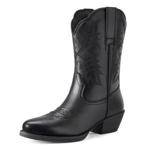 Rollda Leather Cowboy Boots for Women, Genuine Leather Womens Western Boots Mid Calf with Embroidery, Cowgirl Boots Round Toe Cuban Heel Pull On (Black, 7)