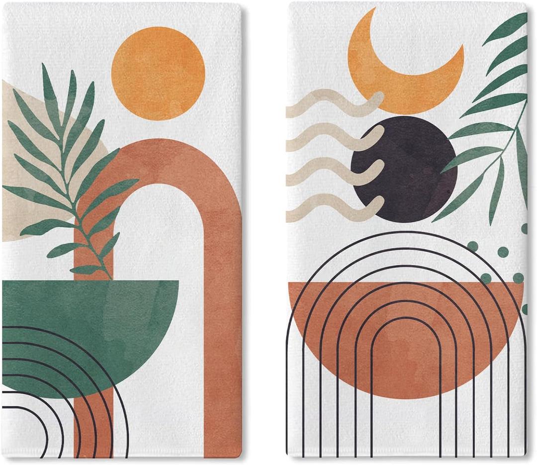 Boho Geometric Abstract Kitchen Dish Towels Set of 2, Modern Art Sun Moon Rainbow Semicircle Arch Drying Hand Towel Baking Cooking Cloth, Minimalist Palm Leaves Bathroom Home Decor 18'' x 26''
