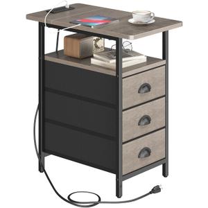 End Table with Charging Station, Side Tables Livingroom with USB Ports and Outlets,Narrow Nightstands Bedside Tables with 3 Drawers for Small Space,Slim Sofa Table Bedroom,Grey