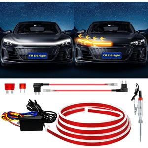 Dynamic Scan Start Up Hood Light Strip Sequential Flowing Turn Signal Lights Flexible DRL Daytime Running Car Led Light Strip Exterior, Dual Color Amber White Switchback 12V 79inch (1 Set)