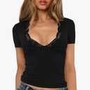 Women's Short Sleeve Sexy Lace Trim V-Neck Slim Fit Daily Basic Black Tees Spring Summer Going Out Casual Vacation Crop Tops Trendy Y2K Clothing (8638, L, Black)