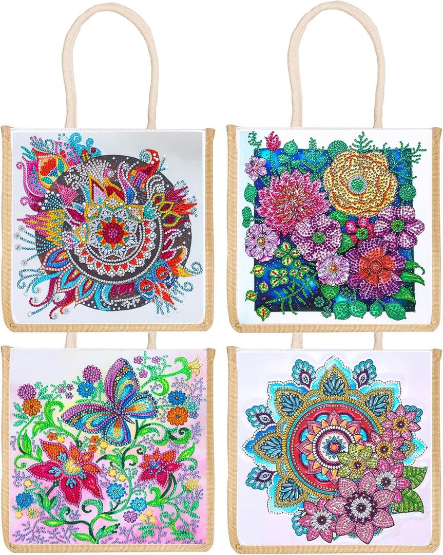 DOOSAI 4 Pack Mandala Flowers Butterfly Diamond Painting Dots Art Kits Canvas Tote Bags Boho 5D DIY Handbags Handmade Gifts Reusable Shopping Bags with Handles for Women Adults Work