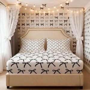Manfei Cartoon Bowknot Kids Fitted Sheet Full Size,Bow Tie Geometric Patchwork Modern Bedding Set,Girls Women Room Decor,Bow Butterfly Knot Bed Cover,Black White Simple Bed Sheet,2 Pillowcases (Full (54*75*16"))