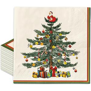 100 Pack Christmas Paper Napkin Vintage Xmas Tree Disposable Luncheon Napkins Retro Dessert Dinner Hand Napkin, 6.5 x 6.5 Inch