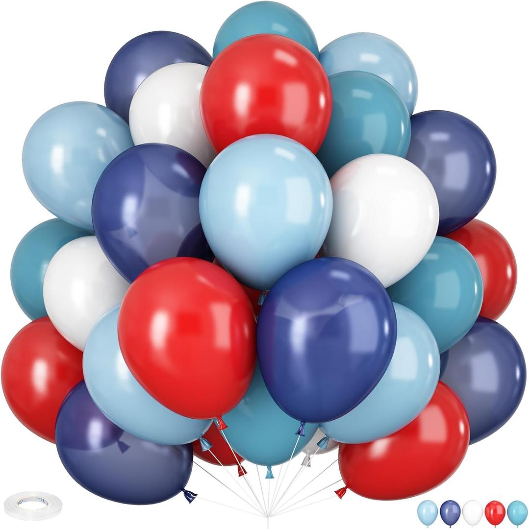 Red Blue White Balloons, 60 PCS 12 inch Navy Light Blue Red and White Balloons for Baseball Birthday Party Britain Sporting Patriotic Labor Memorial Day 4th of July Independence Day Decorations