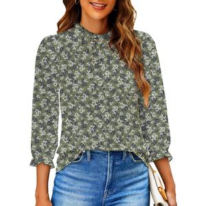 SimpleFun Womens Blouses 3/4 Sleeve Ruffle Neck Printed Business Casual Tops Flowy Dressy Work Shirts (Green, M)