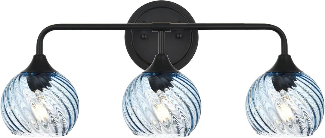 MELUCEE 25 Inch Bathroom Light Fixtures Black, 3-Light Vanity Lights with Blue Striped Swirl Glass Shade, Mid-Century Modern Bathroom Vanity Light Over Mirror