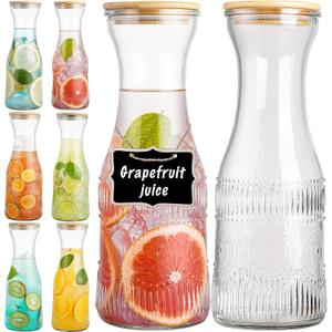 Glass Carafe Pitchers with Lids, Set of 6 1 Liter Embossed Designed Beverage Pitcher Carafe Set for Mimosa Bar, Juice Container for Brunch, Cold Water, Juice -With 6 Wooden Chalkboard Tags