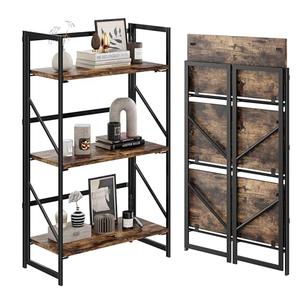 JSB No Assembly Folding Bookshelf, 3 Tier Industrial Metal Book Shelf for Storage, Vintage Wood Foldable Bookcase for Living Room, Bedroom, Office Organization Shelves