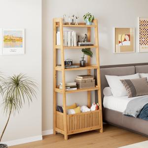 Bamjoy Bamboo Ladder Shelf, Bookshelf with 4 Display Shelves and 1 Open Storage Basket, Multifunctional Storage Rack Organizer for Home Office, Bedroom, Living Room, 66 H Natural, 11.6" Width